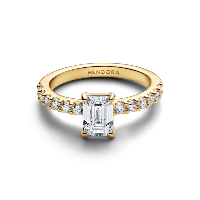 Anillo Pandora Halo Rectangular Brillante Dorado 164506C01
