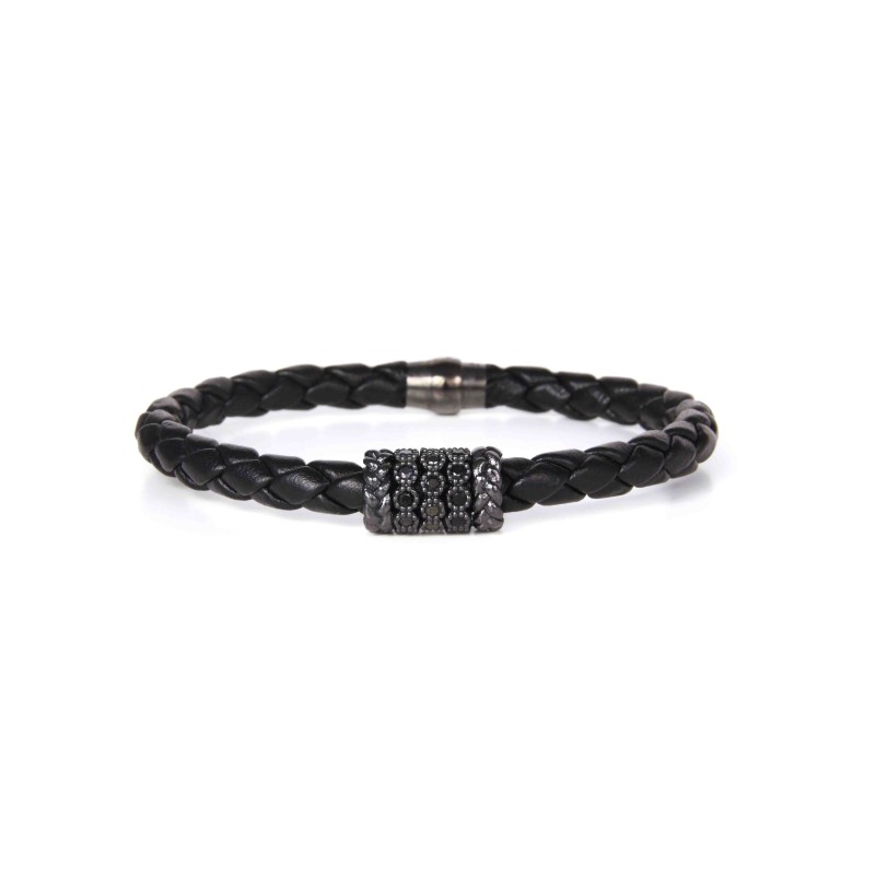 Pulsera Luca cuero negro cilindro negro BH023-1